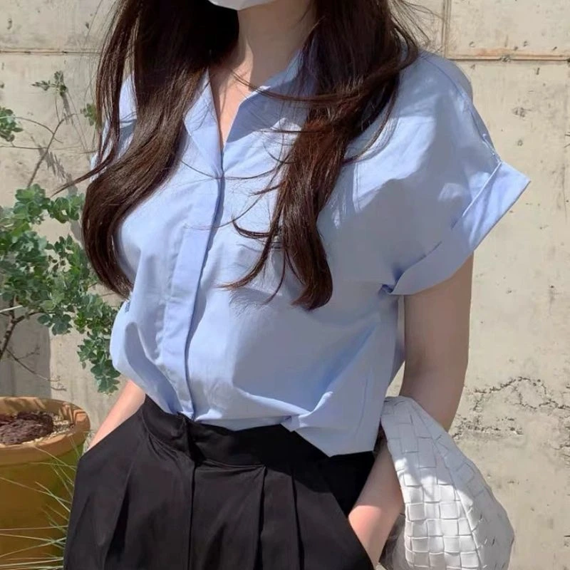 韩国chic夏季优雅简约翻领单排扣设计宽松百搭短袖纯色衬衫上衣女