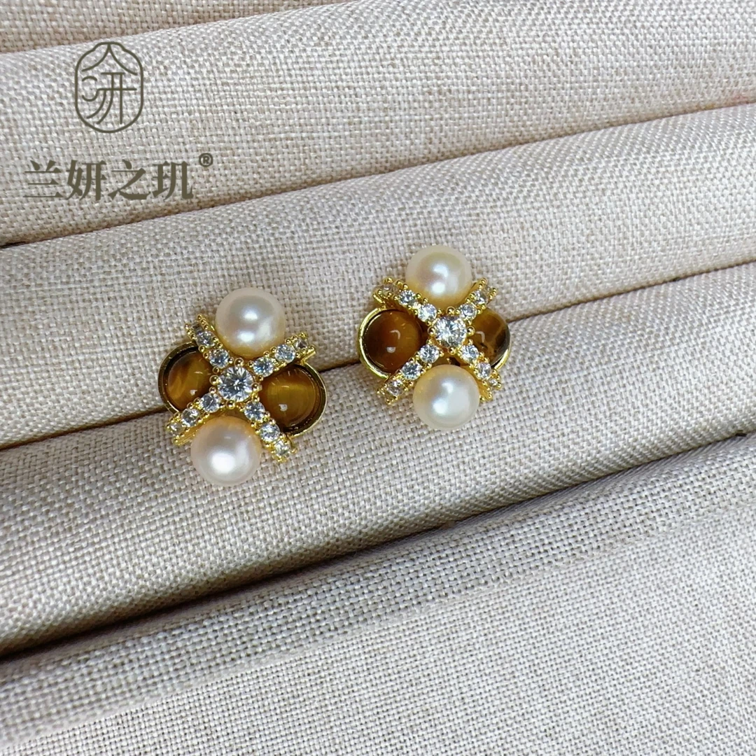淡水珍珠 美拉德风镶锆虎眼石珍珠耳钉S925银针轻奢高级感 8117