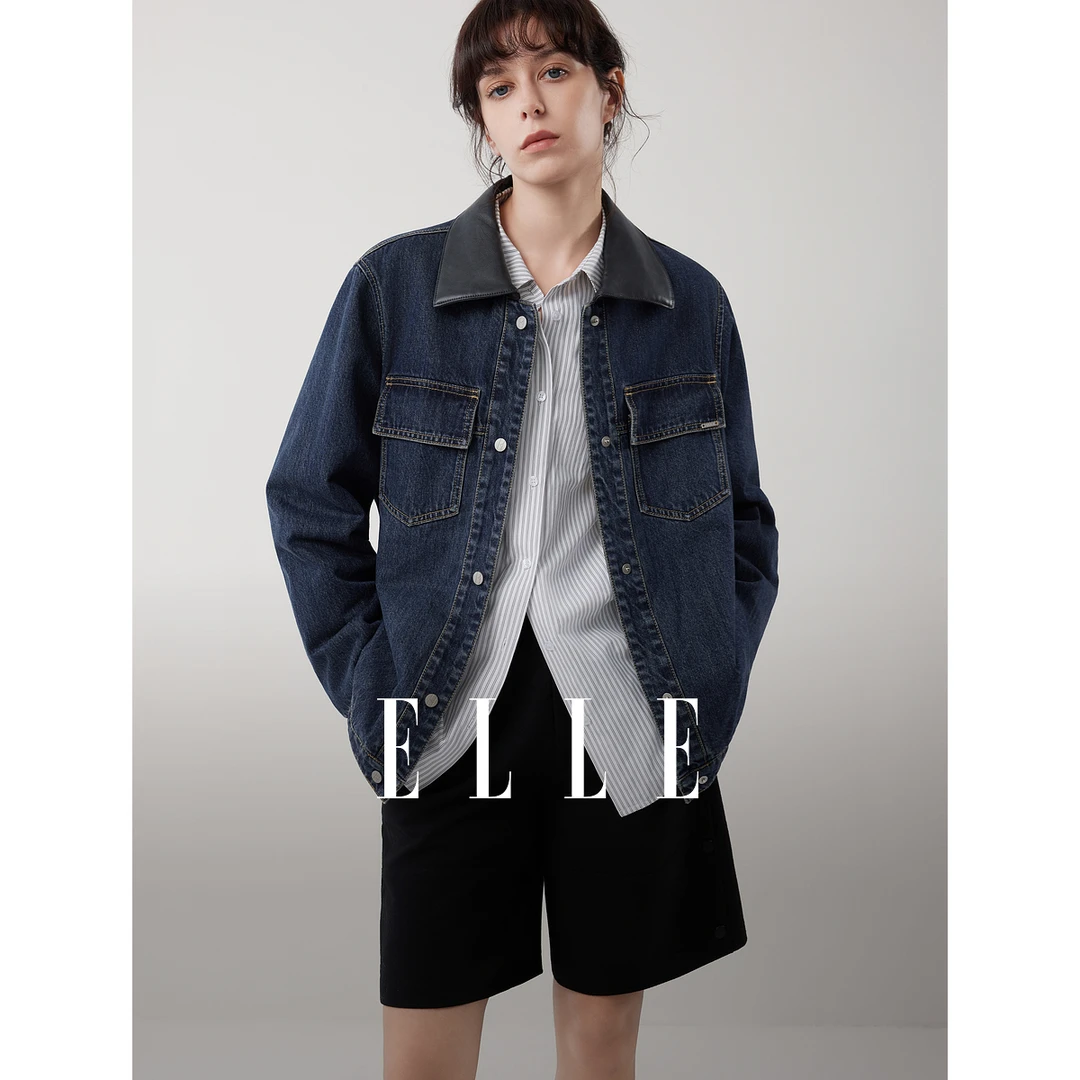 ELLE复古拼接领加绒牛仔外套女2025冬季宽松小众夹克上衣EF52958