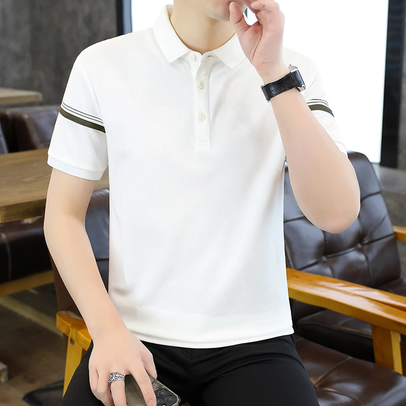 男士拼色条纹短袖T恤Polo衫夏季潮流时尚半袖体恤品质男装7861