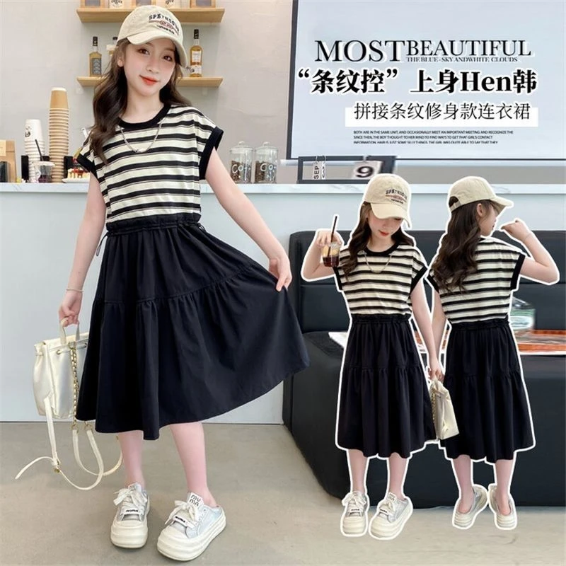 女童连衣裙2025夏季新款中大儿童韩版条纹拼接宽松洋气无袖公主裙