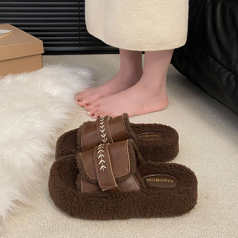 网红高级感厚底毛毛拖鞋女外穿2025新款秋冬季加绒保暖一字棉拖鞋