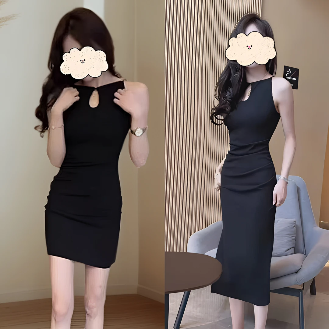 法式别致褶皱挂脖无袖连衣裙女夏季新款设计感修身显瘦气质小黑裙