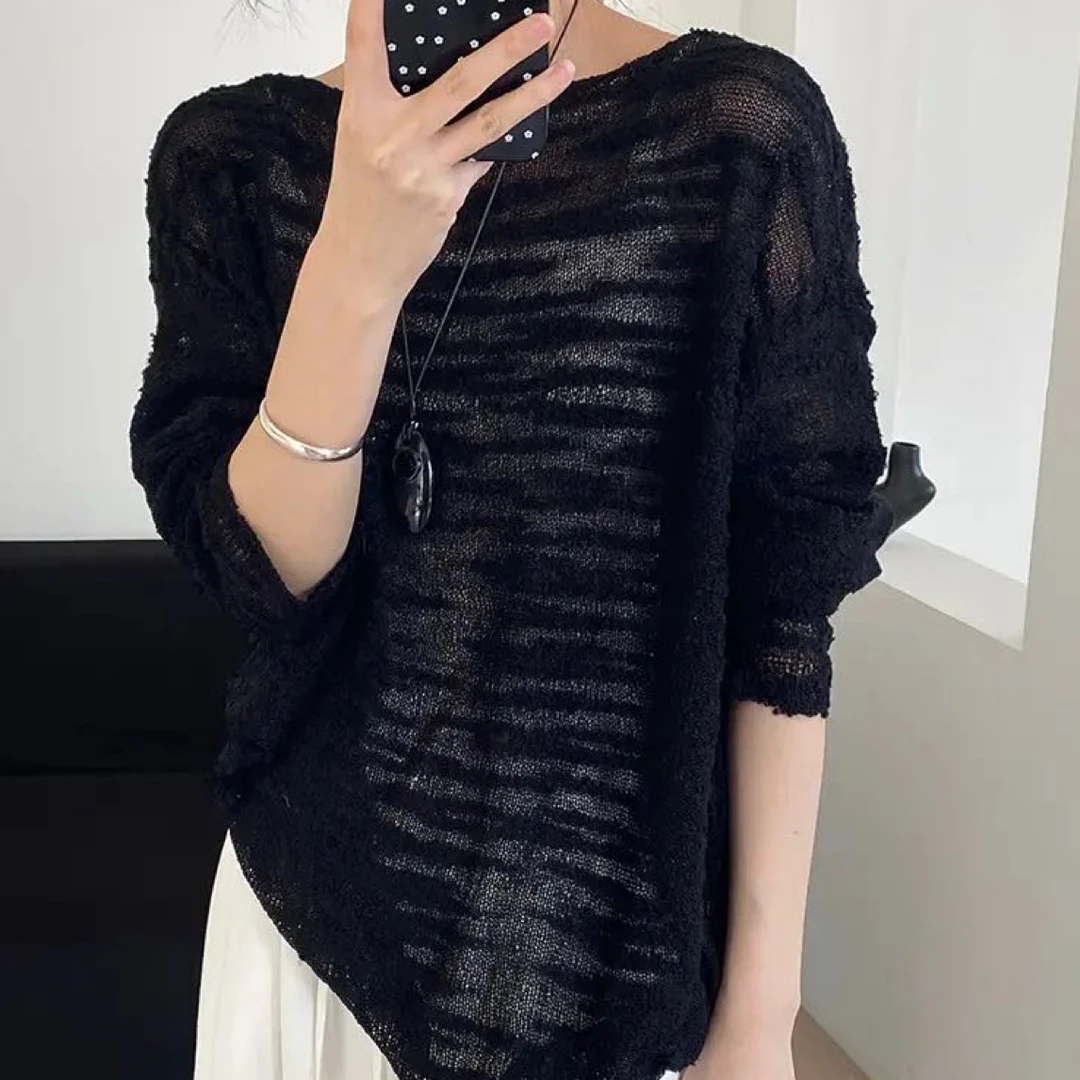 温柔风镂空针织衫女早秋宽松显瘦宽松一字领罩衫韩版洋气空调衫