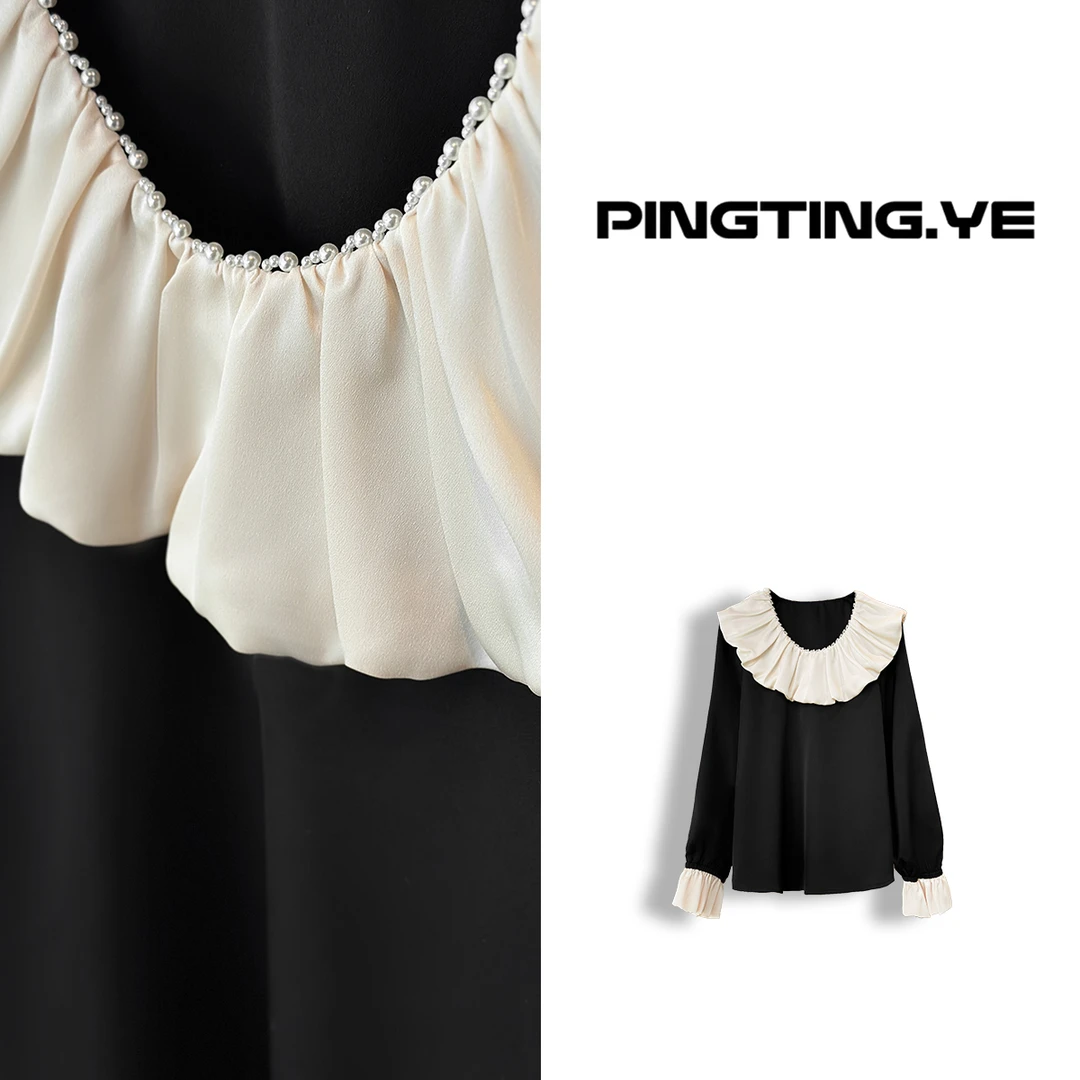 PINGTING.YE法式荷叶领手工串珠设计气质长袖上衣PT2572