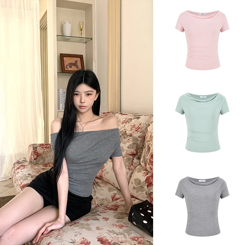 Moses Queen/魔西女王纯欲辣妹褶皱荡领短袖T恤掐腰一字肩短上衣