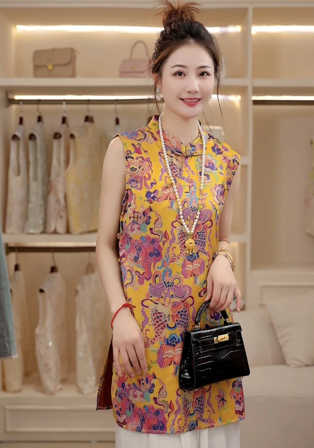 【鱼跃】新中式国风无袖连衣裙女2025夏复古盘扣显瘦减龄气质背心裙