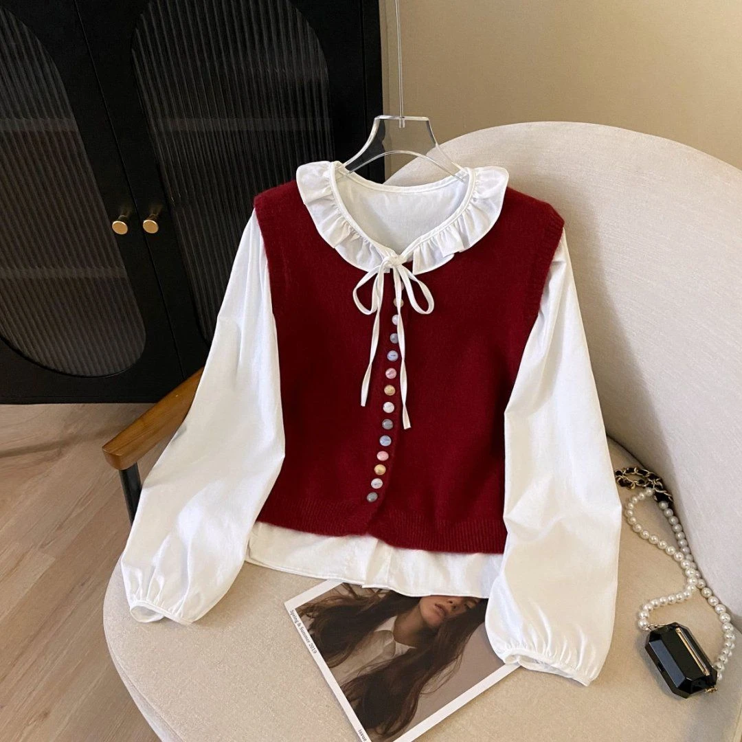 【2835人收藏】甜美两件套装花边系带圆领长袖衬衫女彩扣针织马甲春