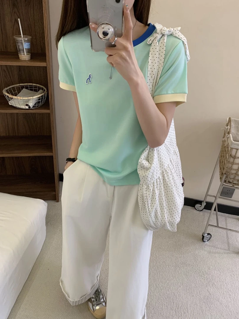 程程甄选 时尚哈吉犬撞色领简约百搭T恤8026