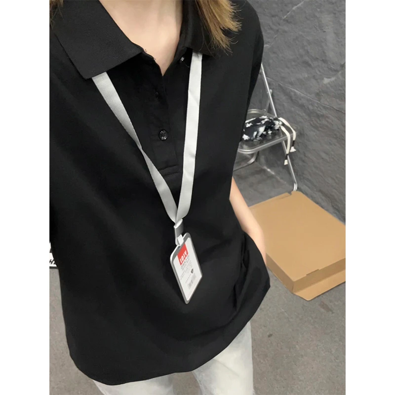 黑色美式正肩polo衫短袖男款夏季休闲简约修身翻领T恤中性风半袖