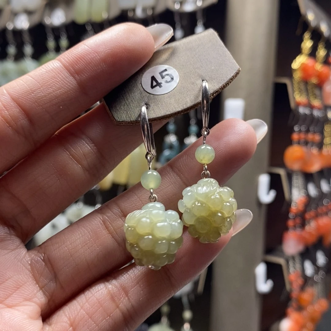 和田玉耳饰银S925镀金镶嵌