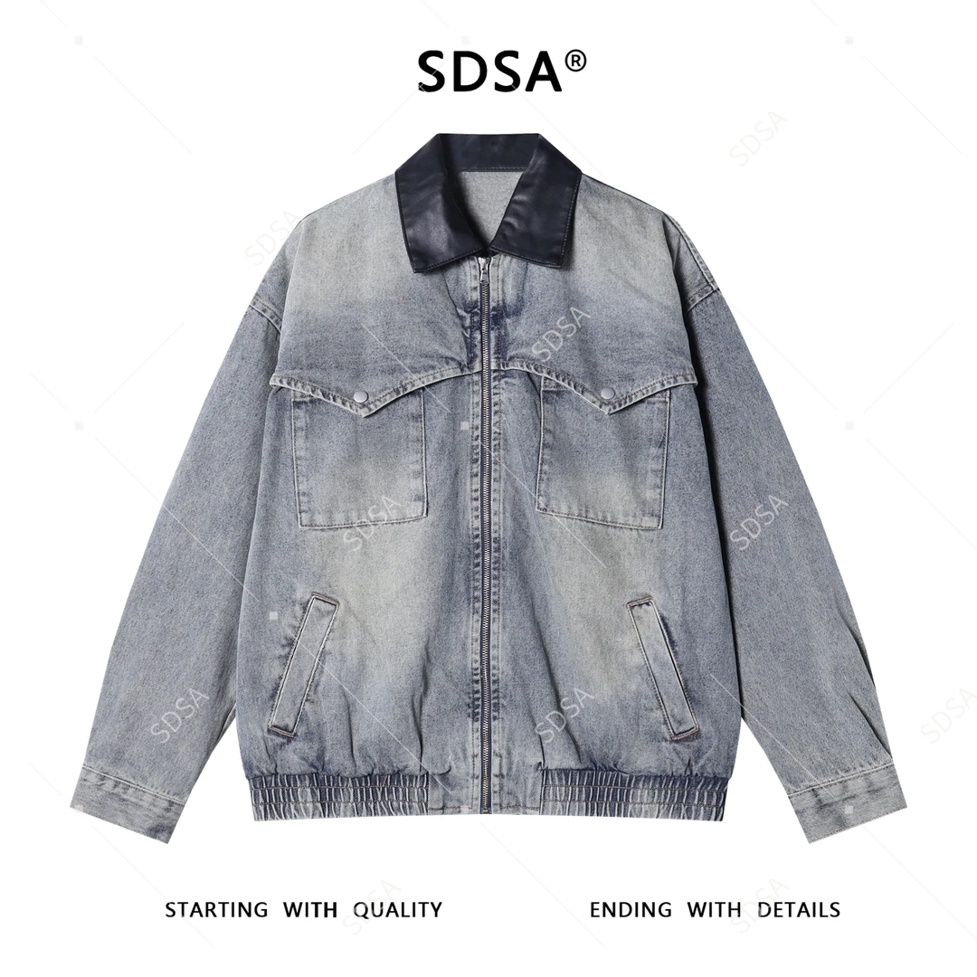 SDSA男士秋冬新款痞帅男装美式潮牌拼皮翻领牛仔外套街头时尚百搭