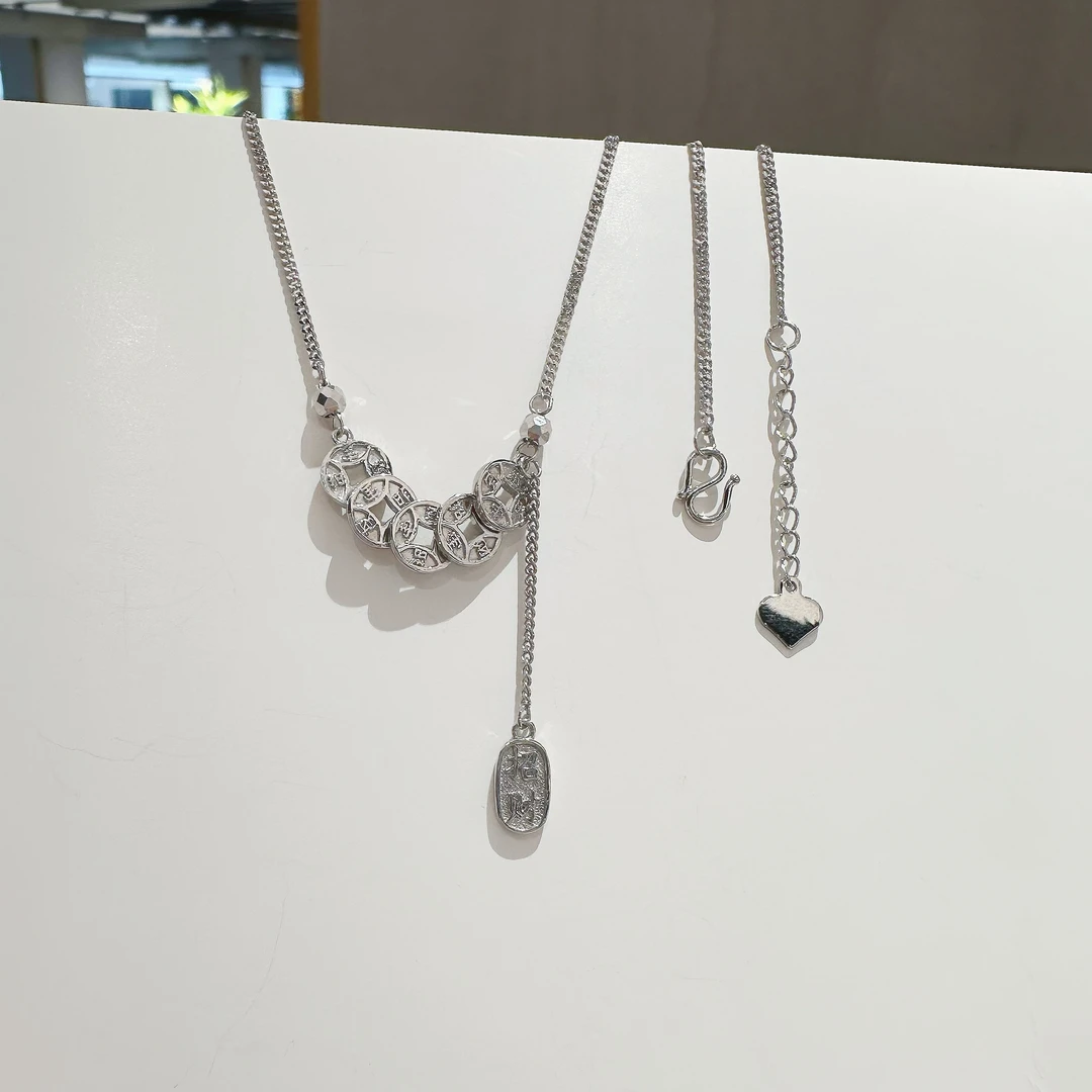 五帝钱银色素款轻奢项链 时尚百搭小众简约坠链 高奢休闲项链