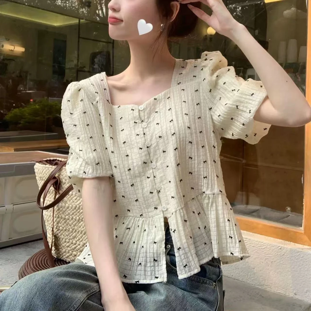 甜美女款清新遮肉收腰雪纺衬衫显瘦新款碎花夏季短袖高级瘦上衣