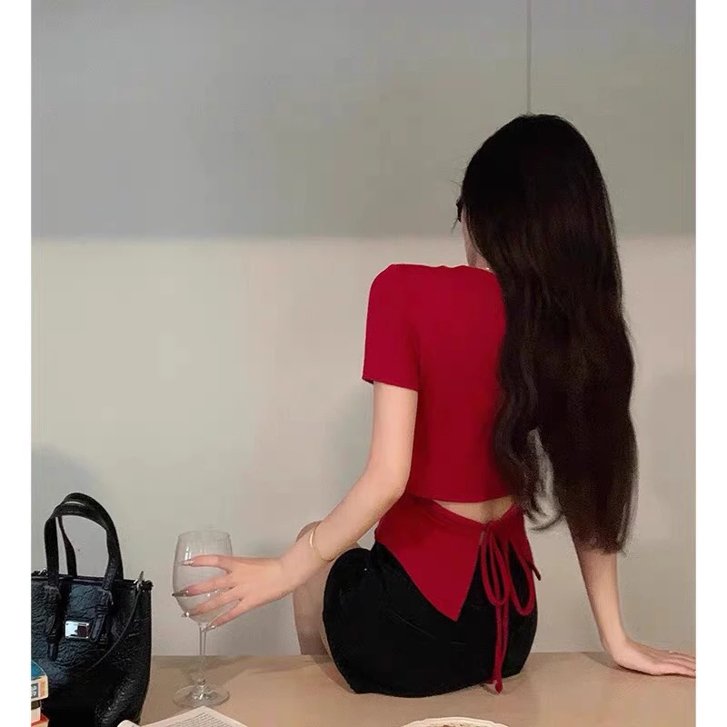 大码纯欲方领正肩后腰小心机纯棉短袖胖mm遮肉显瘦半袖T恤