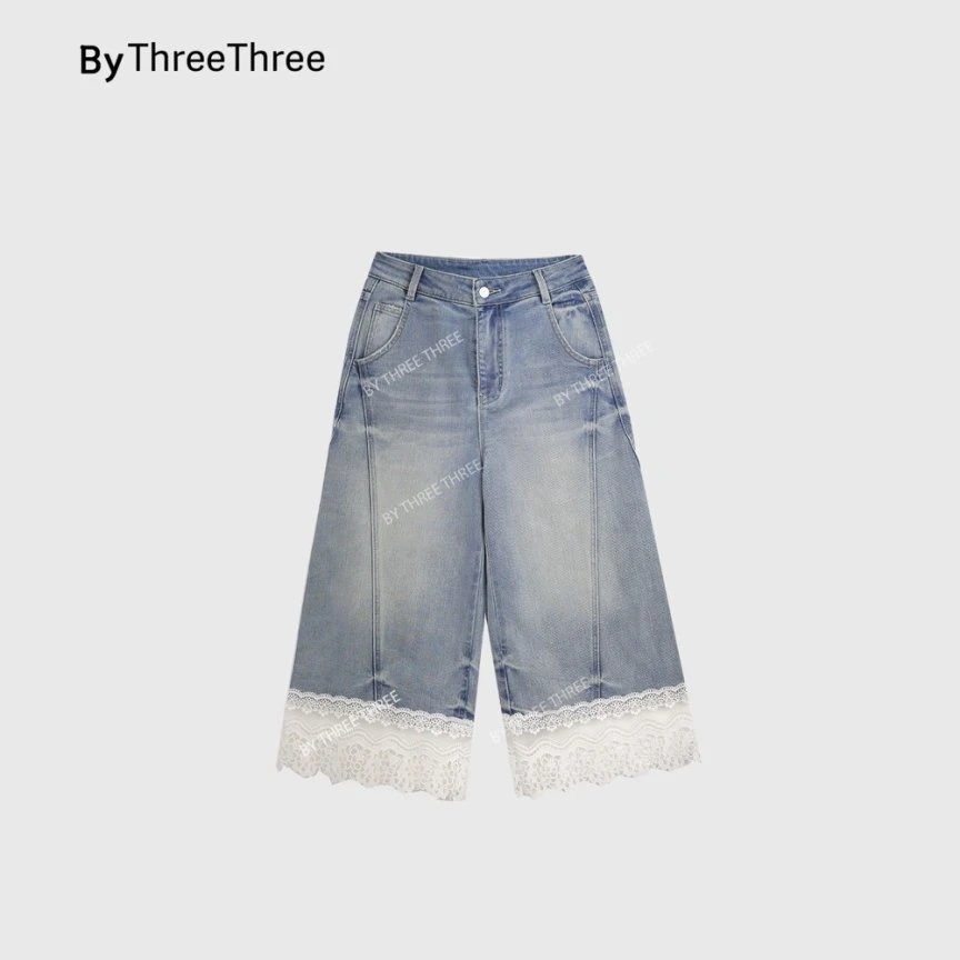 早春新款蕾丝拼接牛仔中裤XH005