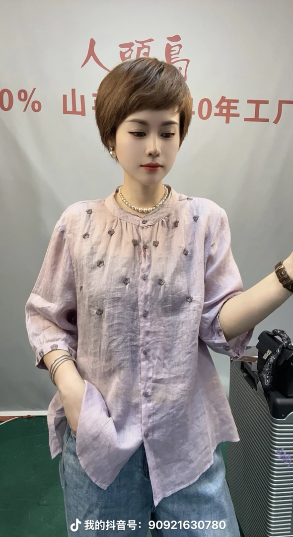 新款甜美时尚苎麻圆领刺绣休闲宽松七分袖