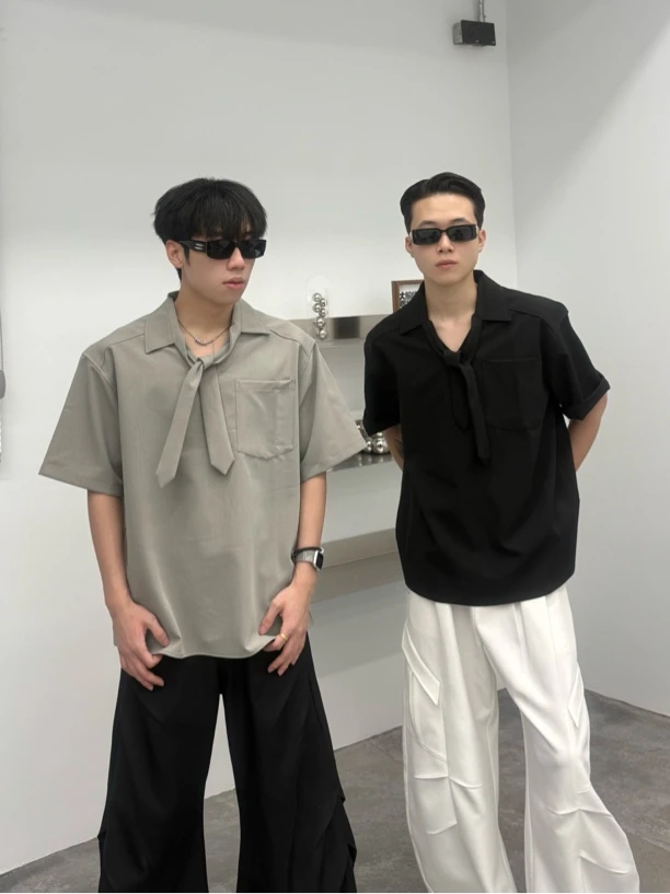 男士夏季宽松潮流小众韩版短袖衬衫休闲设计感十足C6101