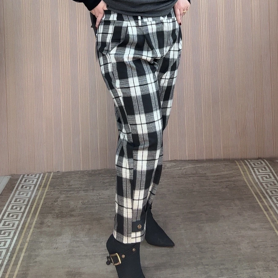 6629时尚百搭格子休闲裤高腰显瘦毛呢九分裤秋冬女