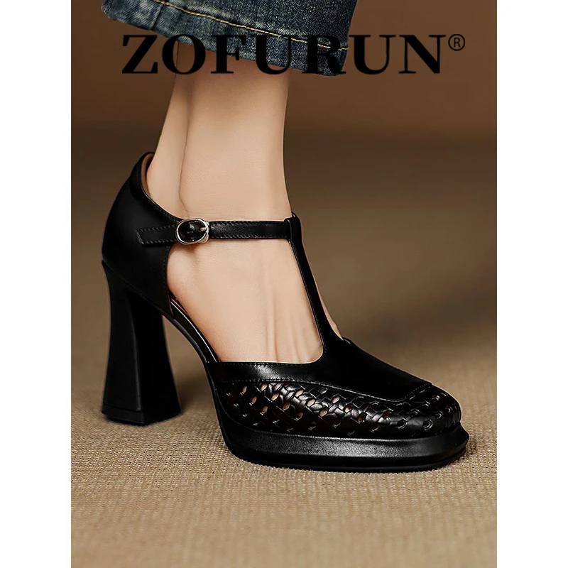 ZOFURUN复古罗马包头凉鞋女夏真皮不累脚T字带女方头粗跟高跟鞋