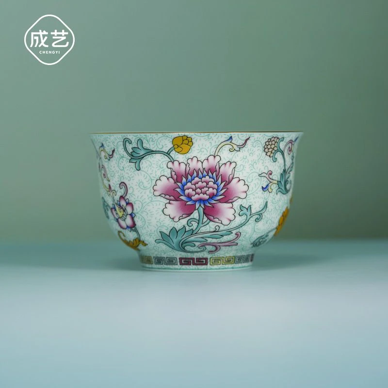 珐琅莲韵反口手心杯松石绿地珐琅彩大茶杯高温陶瓷单杯主人杯茶具