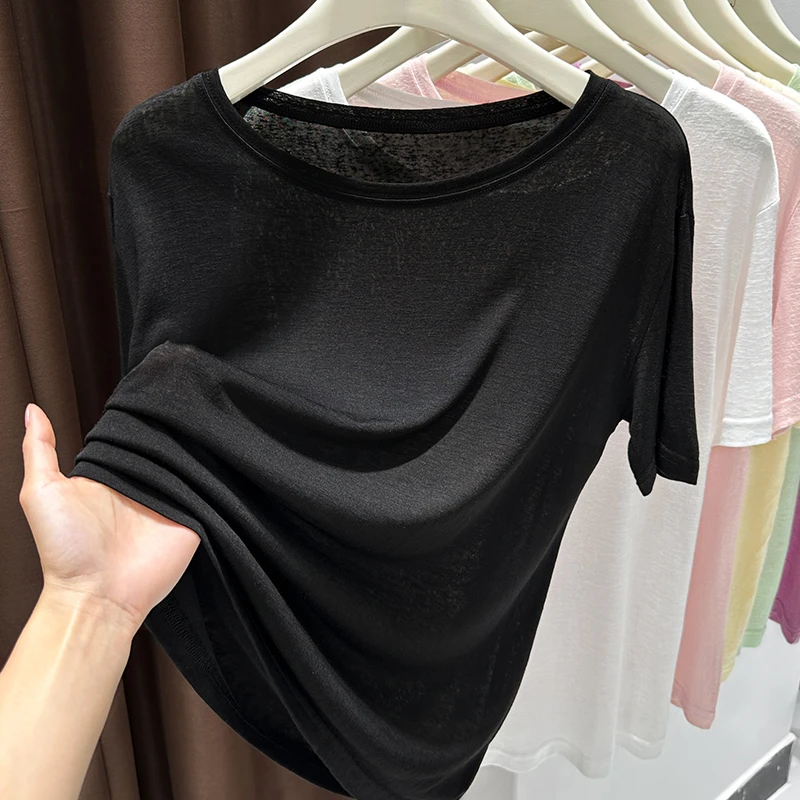 气质圆领黑色宽松短袖上衣女2025夏季薄款内搭休闲正肩打底衫爆款