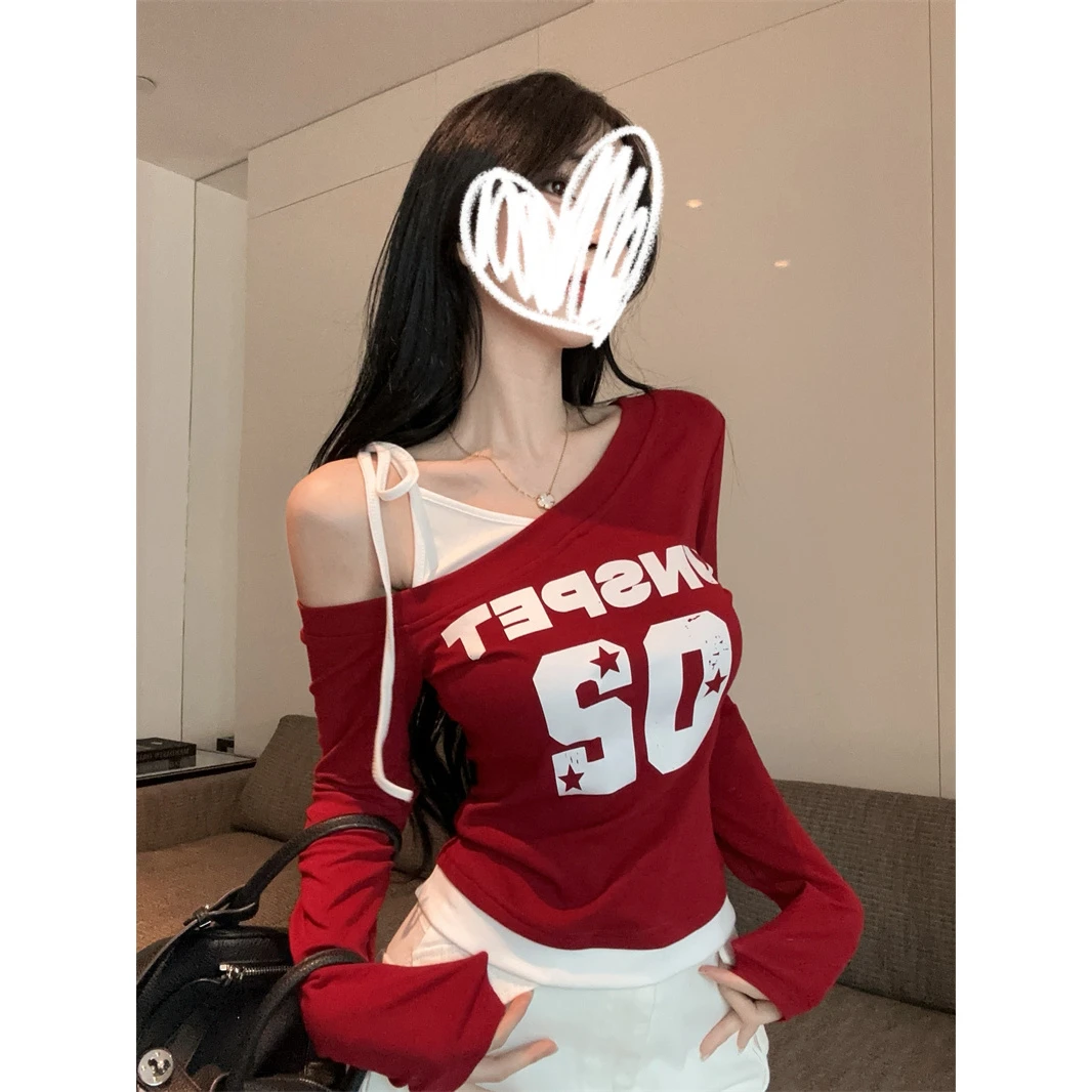 美式高街设计感假两件单肩带斜肩长袖T恤女秋季百搭拼接修身上衣