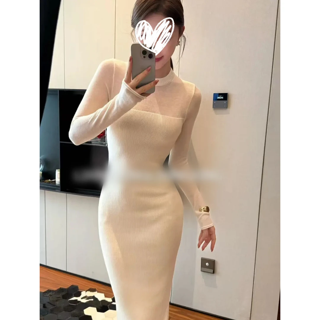 拼接圆领打底针织连衣裙女秋冬百搭2025新款紧身包臀裙子01070
