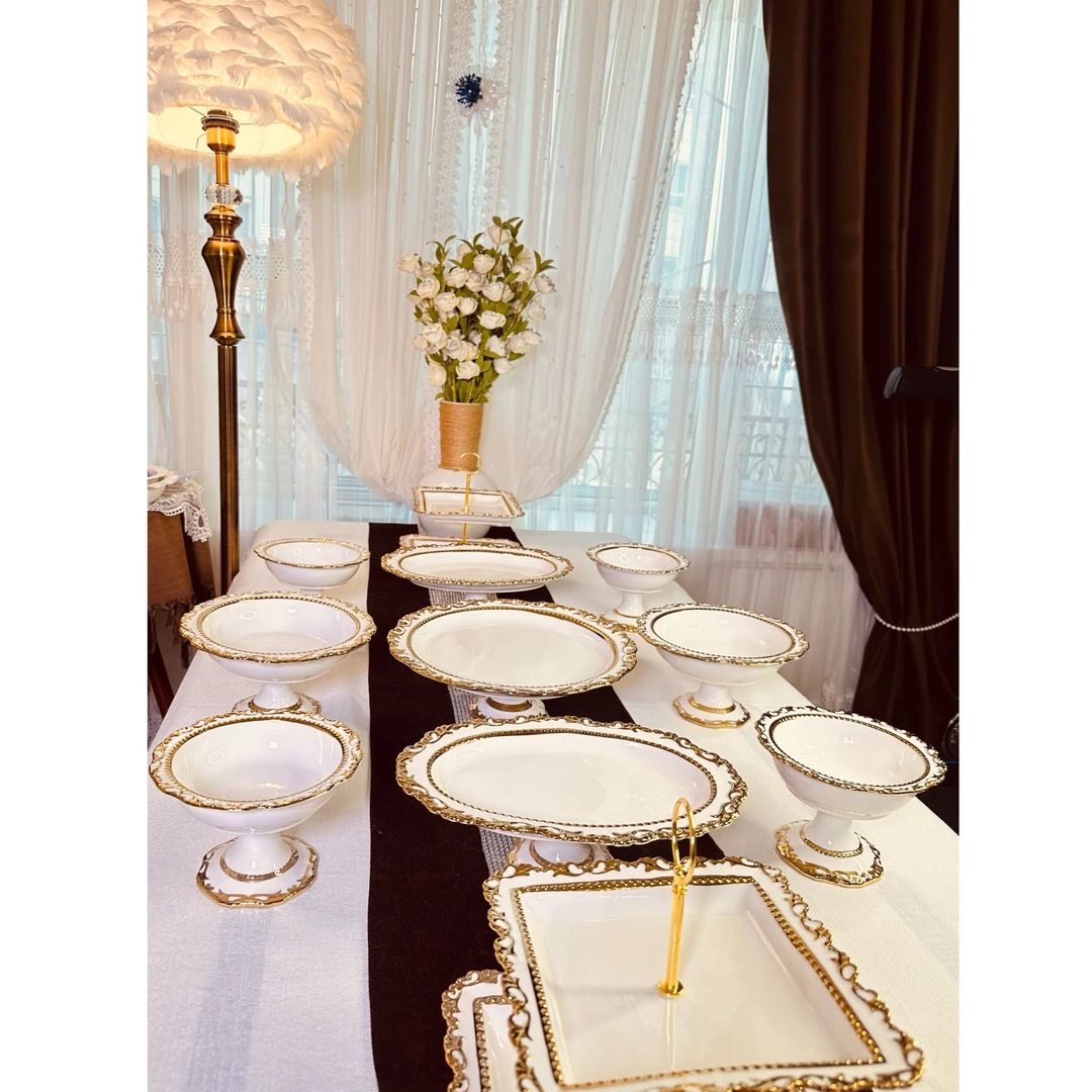 欧式复古风精致浮雕花金边11头陶瓷家用高脚果盘 干果碗 点心盘