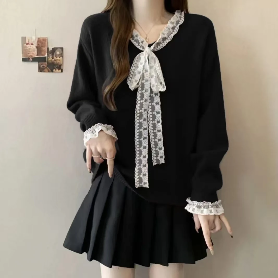 岚岚大码女装新款蕾丝蝴蝶结领显瘦纯欲女神衫25093