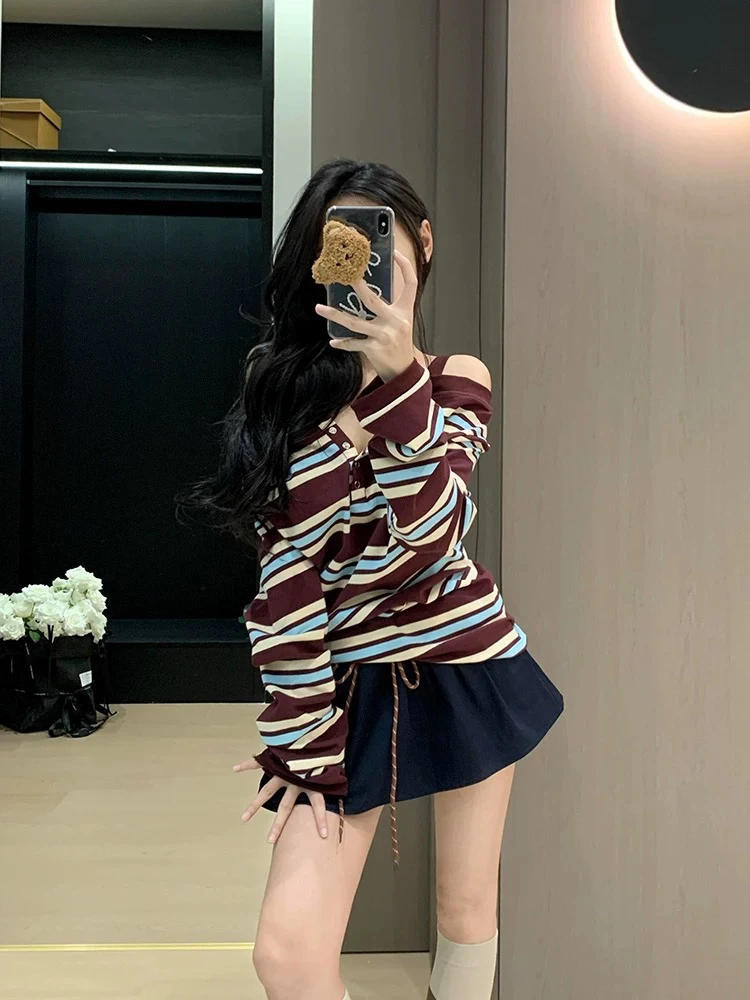 运补｝大码韩版撞色条纹拼接呆带一字肩长袖上衣+高腰百搭半身裙