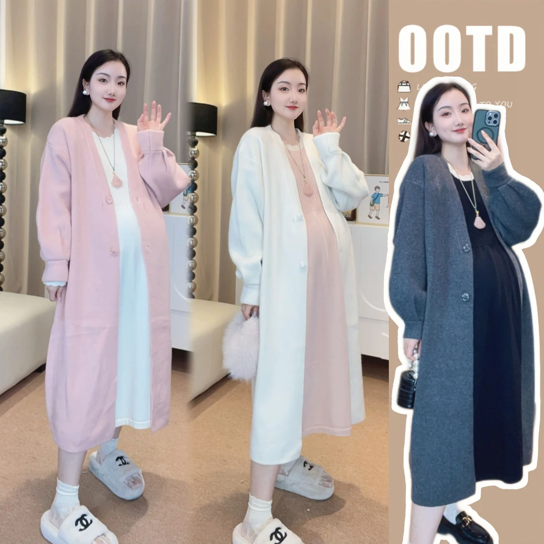 【橙子】孕妇装秋冬大码时尚开衫长款毛衣外套高品质针织连衣裙