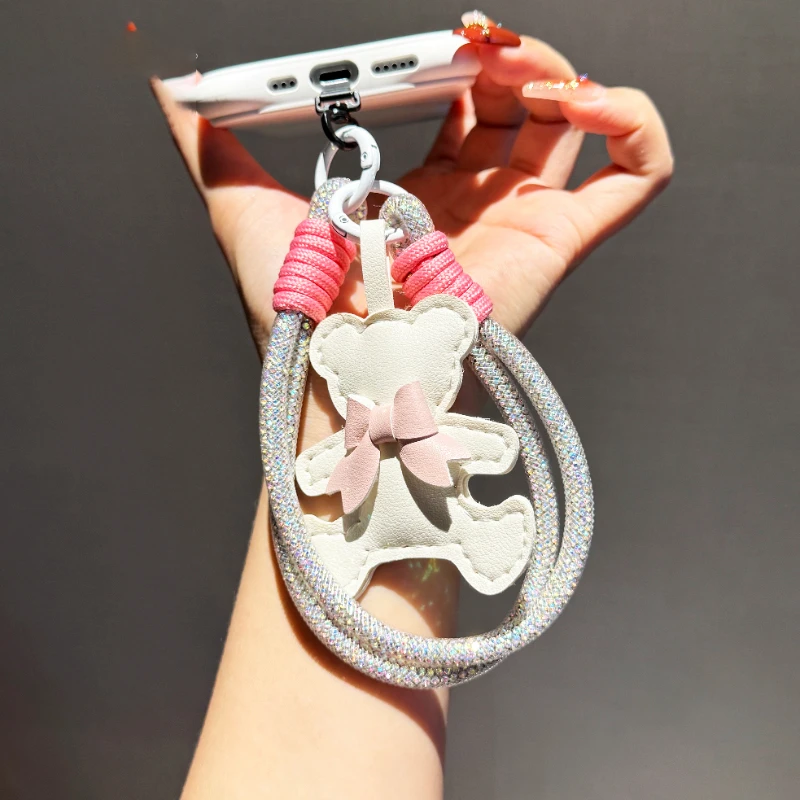 闪闪满钻手机挂绳手腕绳带皮质小熊挂件编织撞色户外防摔手提挂链