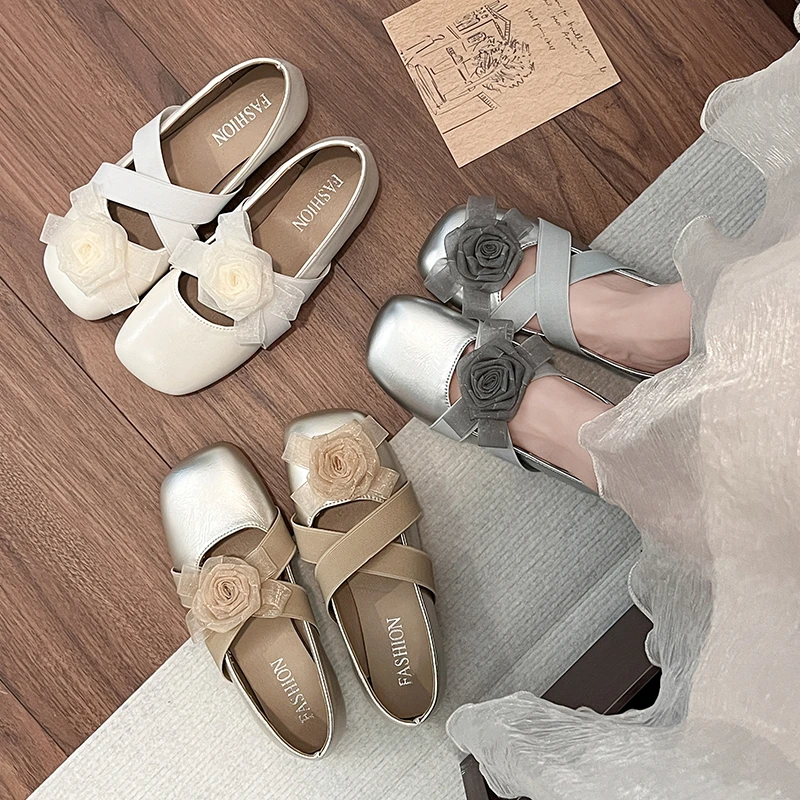 35-42】大码山茶花玛丽珍单鞋女2025夏季新款复古交叉带芭蕾舞鞋子