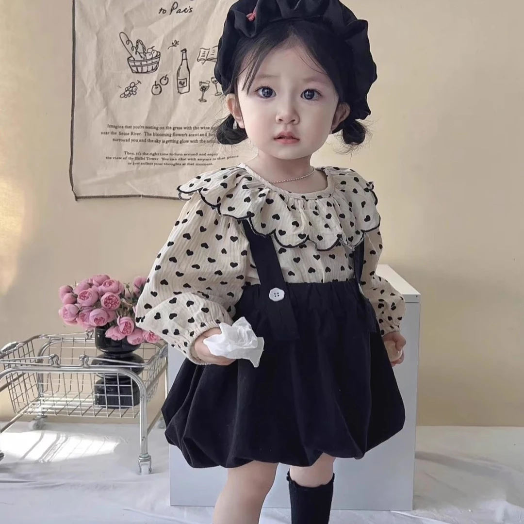 女童秋装套装儿童韩版百褶背带裙女宝宝娃娃领衬衫上衣两件套童装