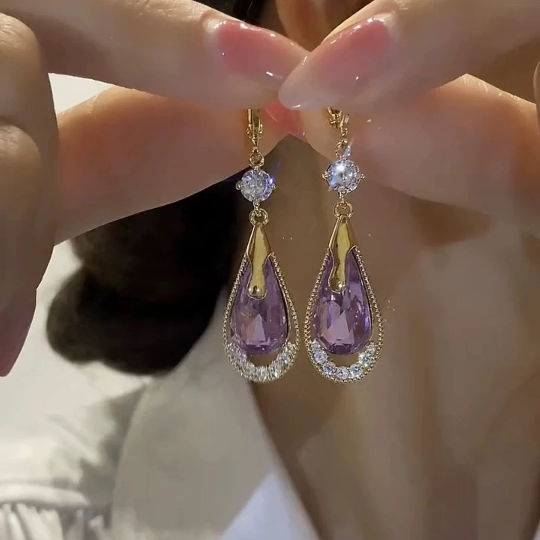 铜合金合成锆石耳饰 紫色水滴气质设计感时尚耳环146