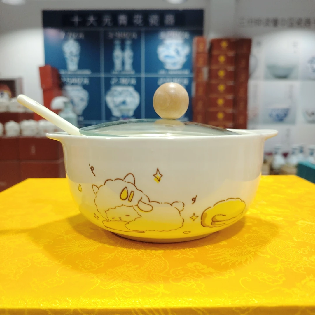 【袁氏瓷业】（碗盖勺）（小羊）奶油小羊6.5英寸泡面碗3件套