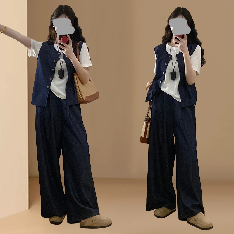 高级感复古牛仔马甲短袖T恤阔腿裤三件套女夏季大码时尚显瘦套装