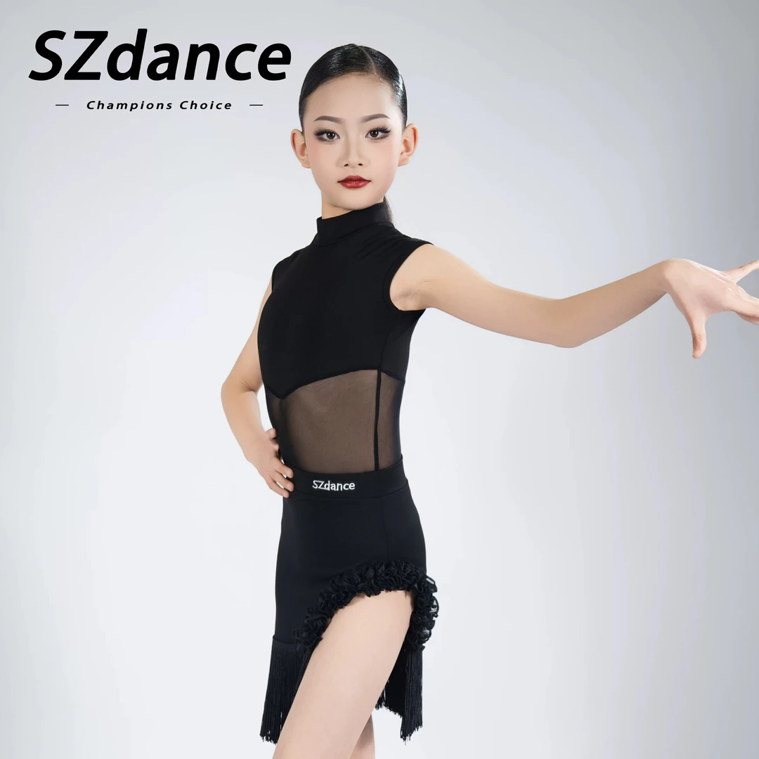 SZDANCE拉丁2025款无袖流苏训练服舞蹈服儿童练功服AC25051