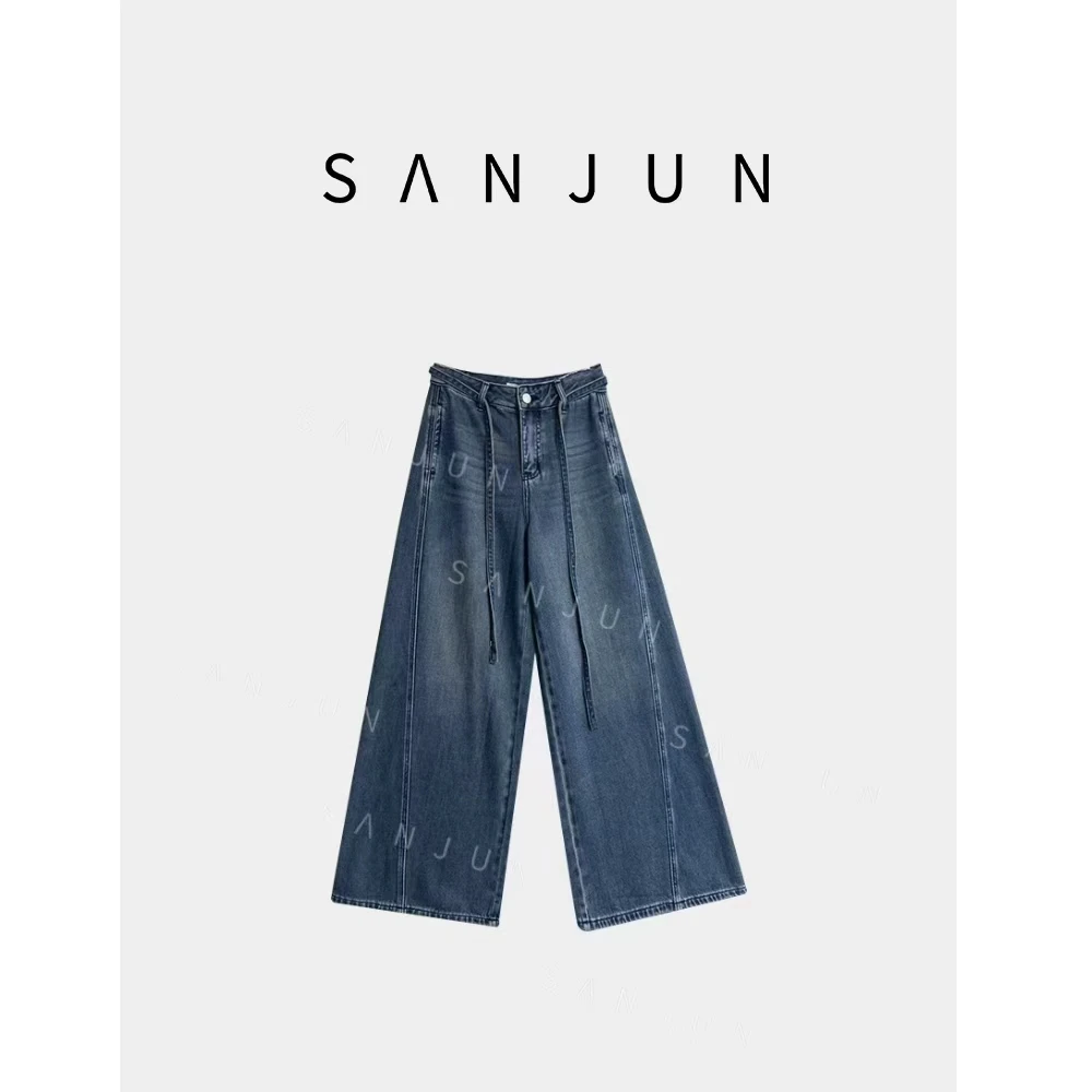 sanjun 高端定制 秋季新品复古高腰抽绳阔腿牛仔裤 60115