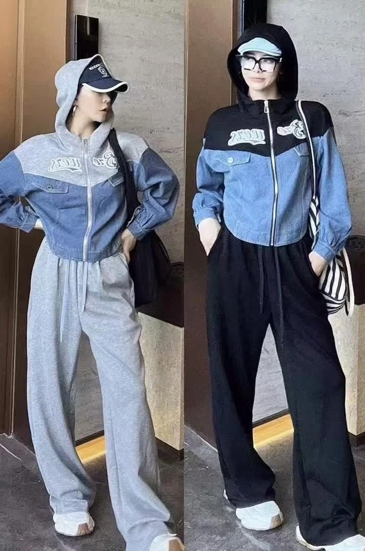 【晨浠定制】减龄设计牛仔拼接卫衣休闲裙套装8507