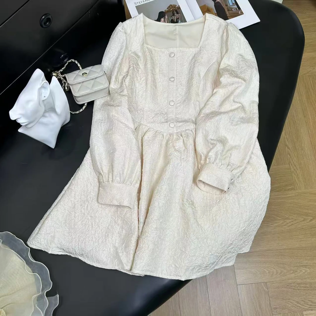 法式方领洋气褶皱长袖减龄公主裙H6237