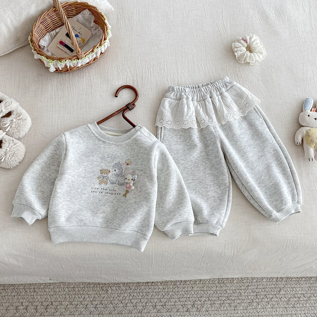 【婴幼儿一体加绒卫衣套装】兮5278女宝上衣花边裤卫衣套装两件套