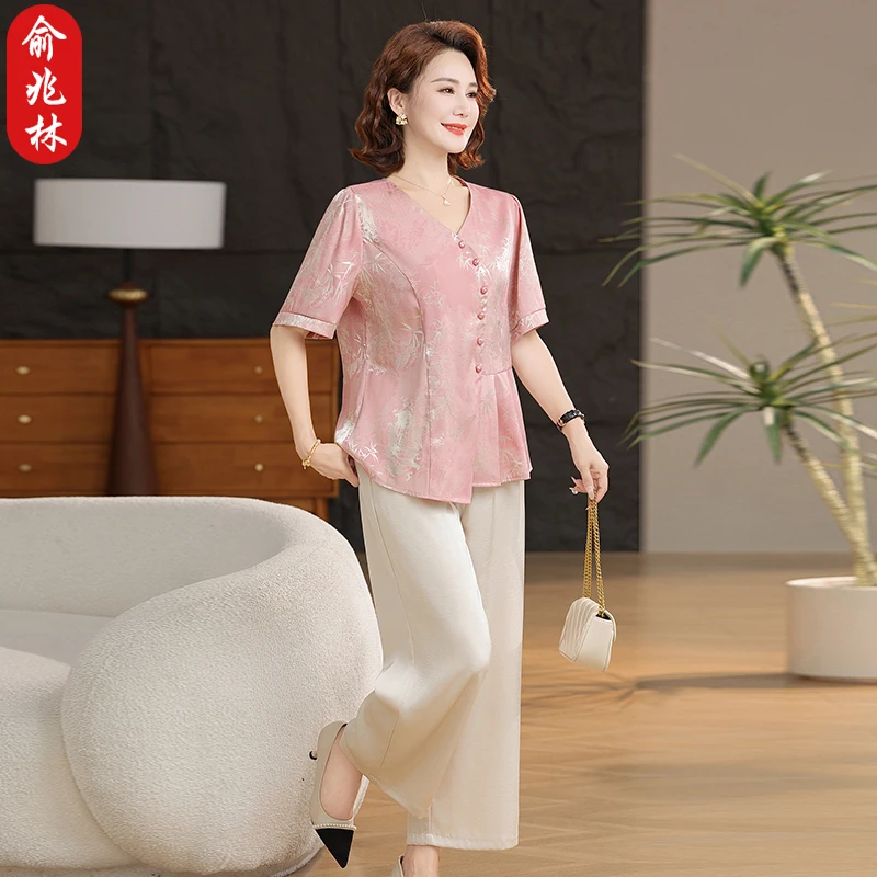 俞兆林妈妈装夏季新中式洋气小衫套装中老年女夏装短袖上衣两件套