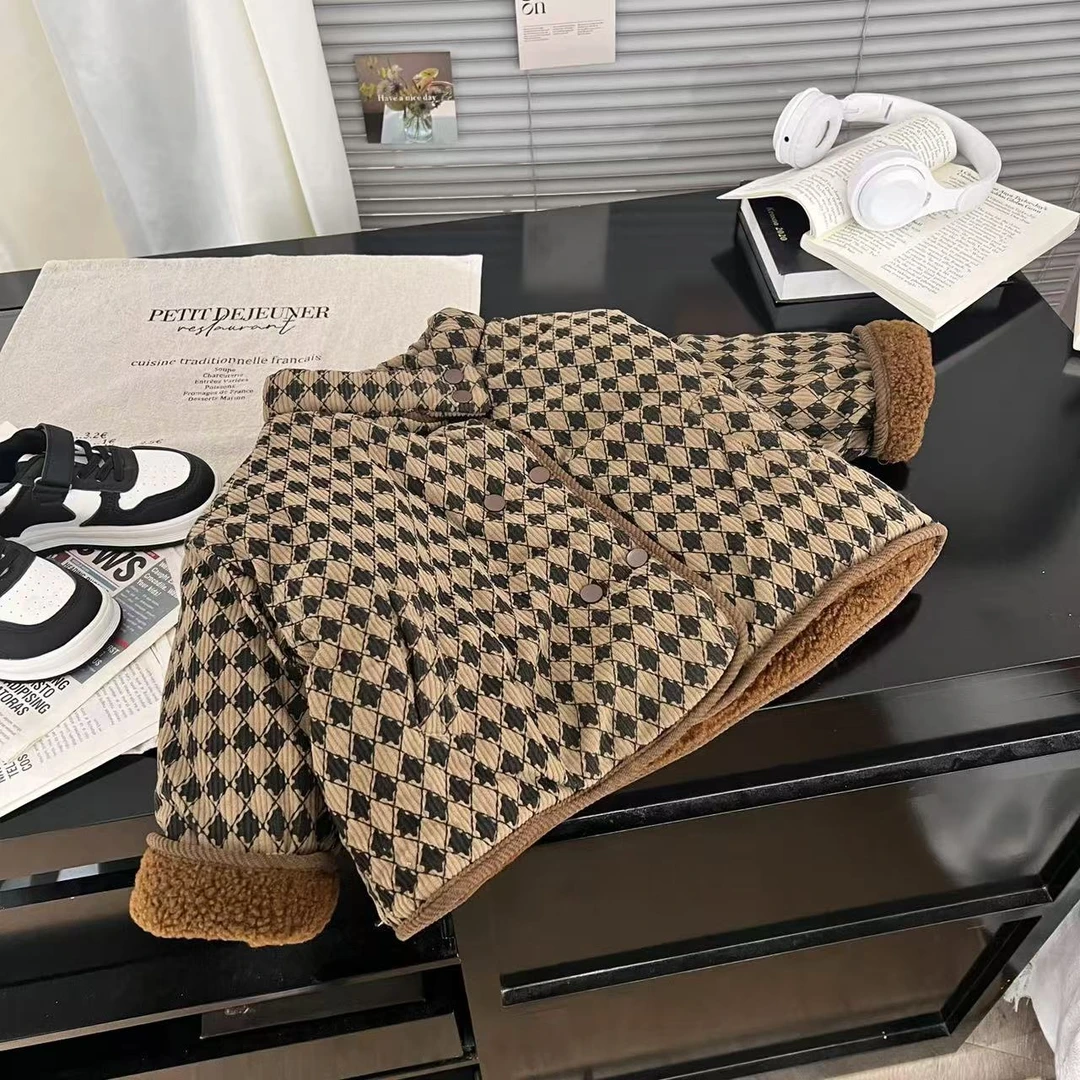 2024冬季新款儿童加绒加厚韩版时尚百搭220格子外套男童外套