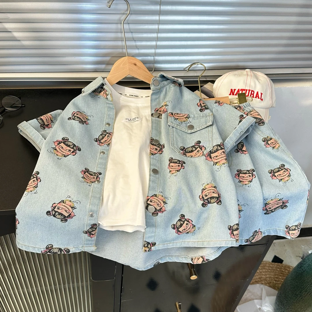 25年新款涂鸦趣味儿童套装男童女童短裤短袖水洗软牛仔套装