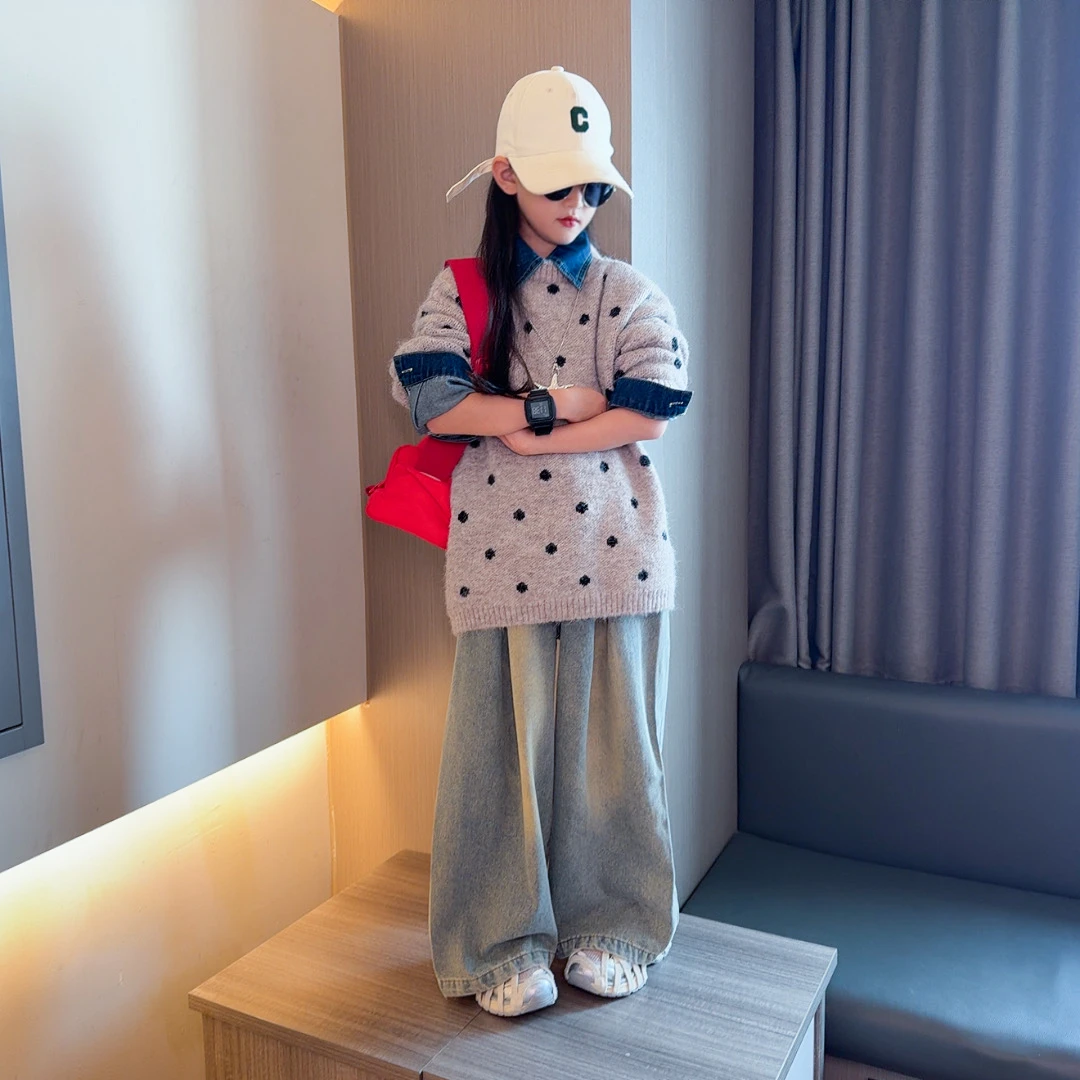 女童套装秋冬毛衣波点针织衫2025新款女孩儿童秋季直筒阔腿牛仔裤