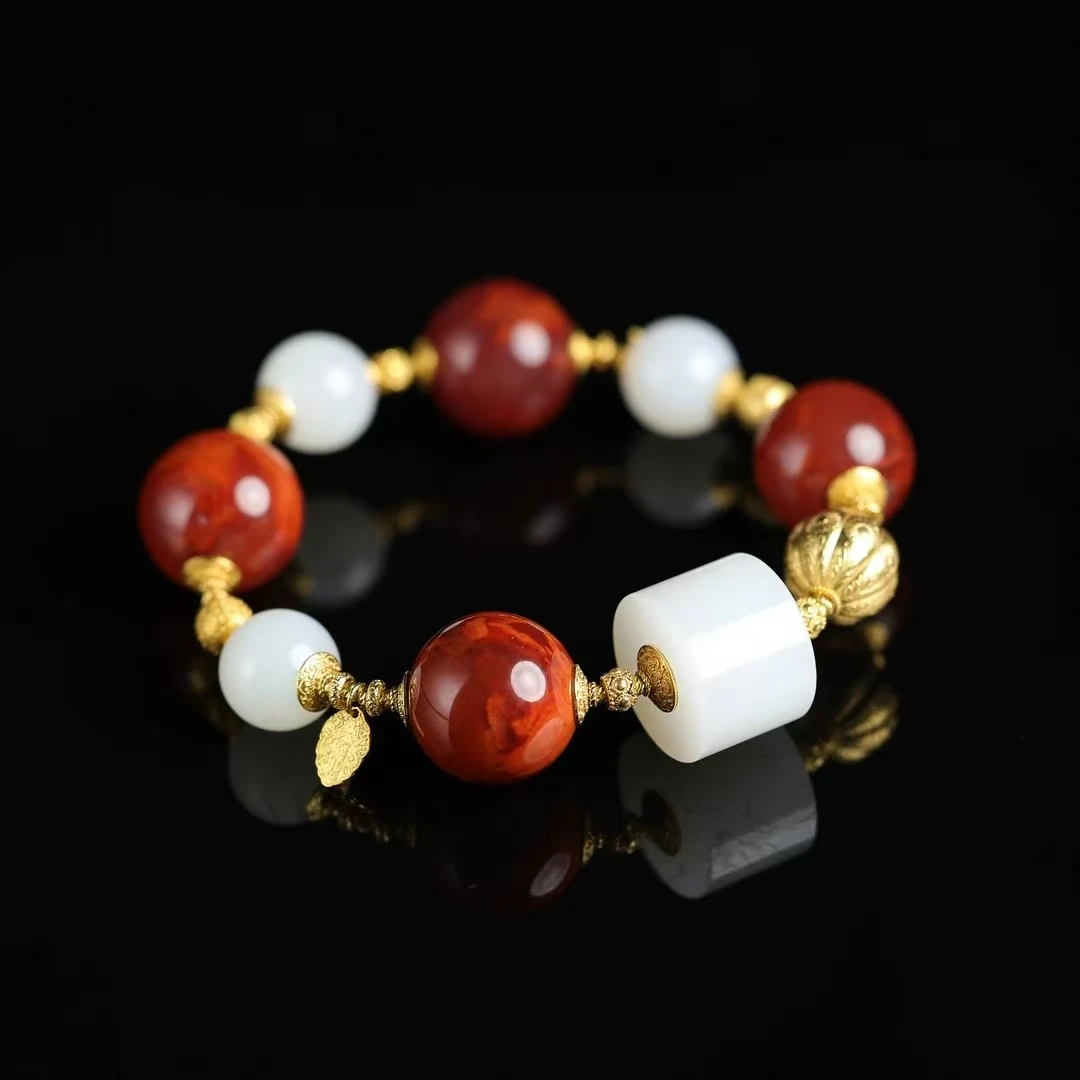 本真 | 嘉汝 | 传承臻品顶俄白玉路路通天然原矿南红火焰纹手串