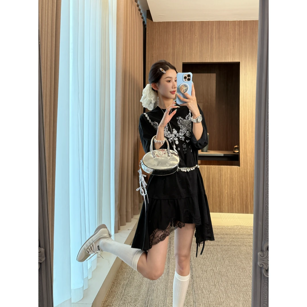 折 谢荞荞「花藤之愿」荞荞夏季新款宽松蕾丝印花长袖T恤连衣裙