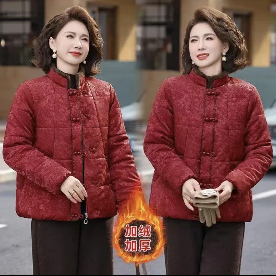 中老年女士冬季加绒加厚保暖中式立领盘扣棉袄秋冬妈妈装外套棉衣